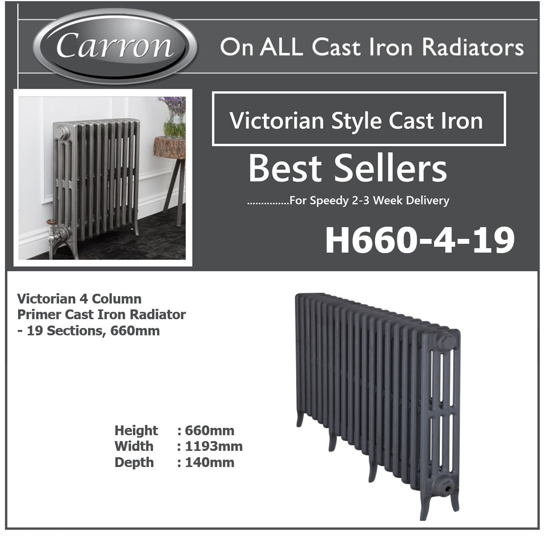 Victorian Cast Iron Radiator–4 Column 19 Section,660 High by W770 by D140mm,(Primed Grey)