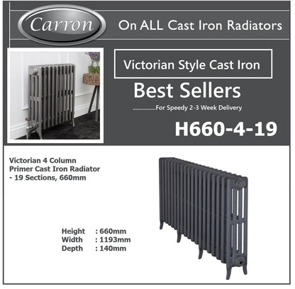 Victorian Cast Iron Radiator–4 Column 19 Section,660 High by W770 by D140mm,(Primed Grey)