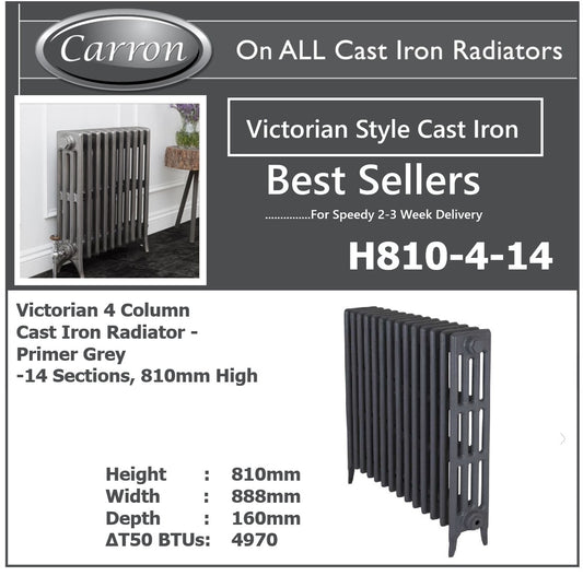 Victorian Cast Iron Radiator–4 Column 14 Section,81O High ,W888 by D140mm(Primed Grey)