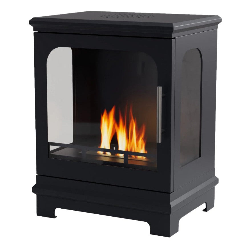 Black Honolulu Bioethanol Stove freestanding fireplace with visible flames on a white background