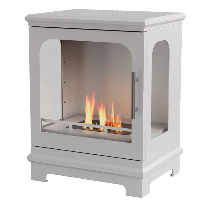 White Honolulu Bioethanol Stove freestanding fireplace with visible flames on a white background