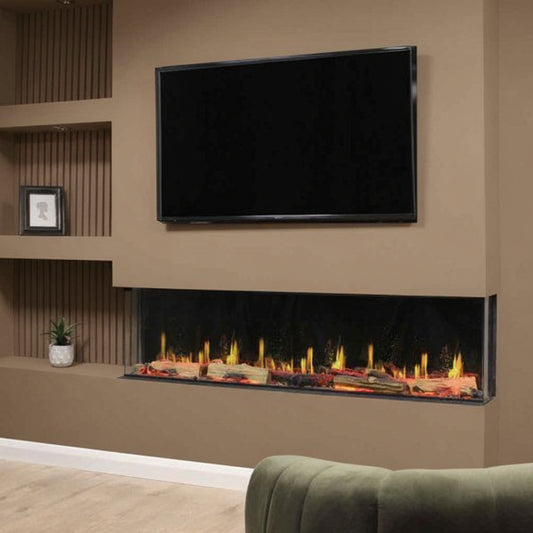 Modern living room with a wall-mounted TV above an electric Iconic Trance 1600 Electric Fire Advanced Electric Video Flame Effect Log Firefireplace.