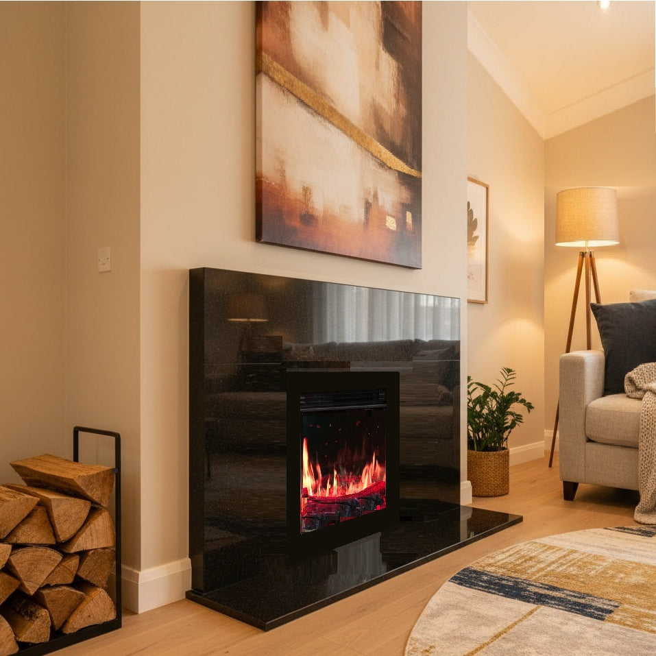 Modern living room with a freestanding fireplace, TV, and decorative elements with Heat Design Iconic Trance 400 ultra realistic framed electric fire