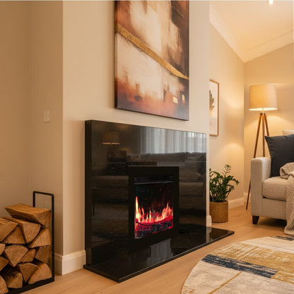Modern living room with a freestanding fireplace, TV, and decorative elements with Heat Design Iconic Trance 400 ultra realistic framed electric fire