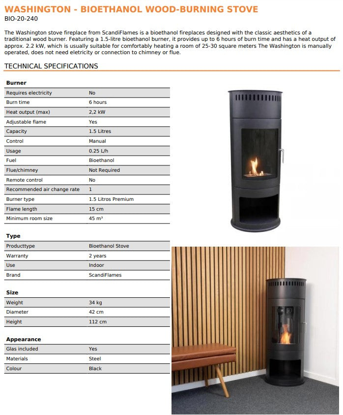ScandiFlame Washington Bioethanol Cylindrical Stove with Log Box