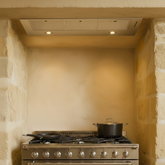 Luxair Novelle-Std 120cm Canopy Hood Built-In Kitchen Extractor Fan, Quiet Brushless Motor Chimney Breast Ceiling-mounted range cooker hood, shown fitted in to a stone-walled kitchen opened chimney breast setting with a range cooker fitted below it