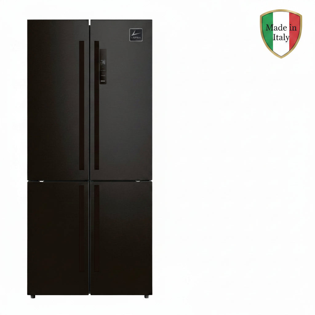 A four-door French door refrigerator in a INOX black finish, featuring vertical handles and a small logo badge in the top right corner of the upper right door.