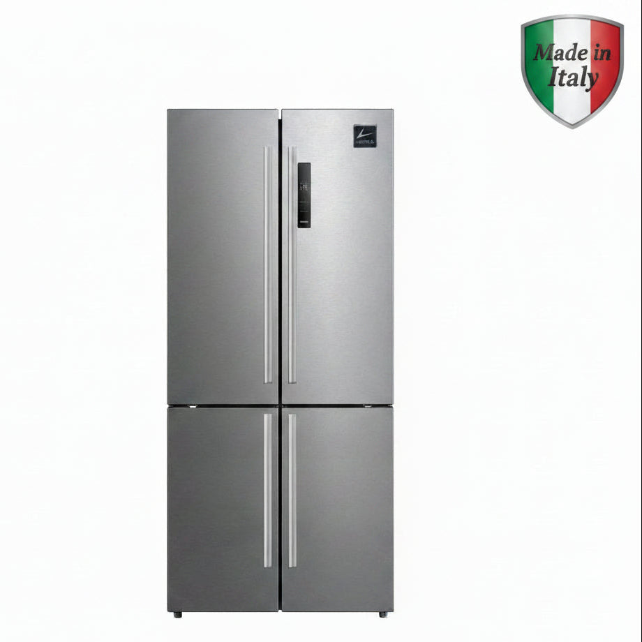 A stainless steel four-door refrigerator with two upper doors and two lower freezer doors, shown against a plain white background. 