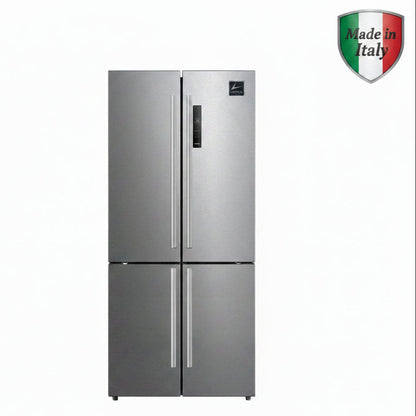 A stainless steel four-door refrigerator with two upper doors and two lower freezer doors, shown against a plain white background. 