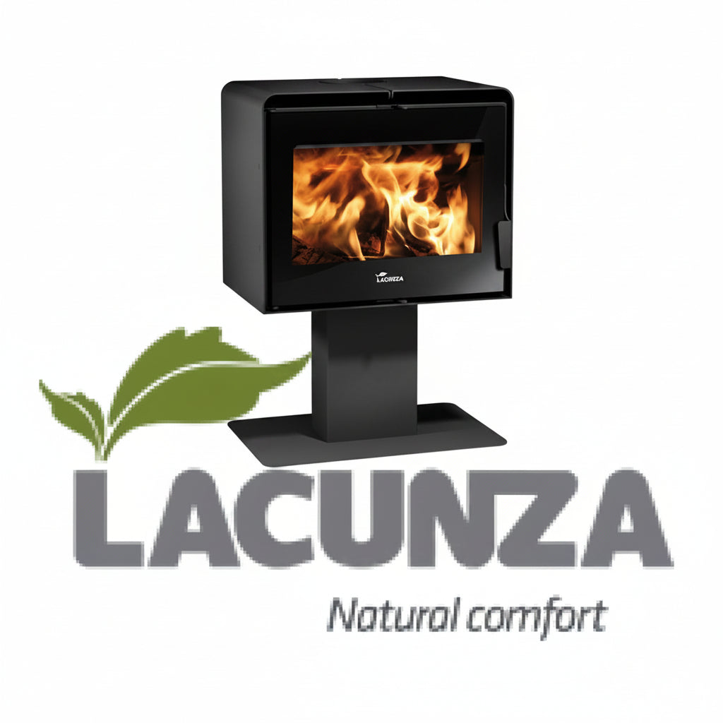 Black fireplace with flames inside, Lacunza logo below on a white background