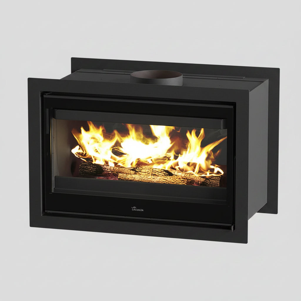 Modern black fireplace with flames inside on a black background withLacunza Nickel Double Sided Wood Burning Stove Range for Ireland