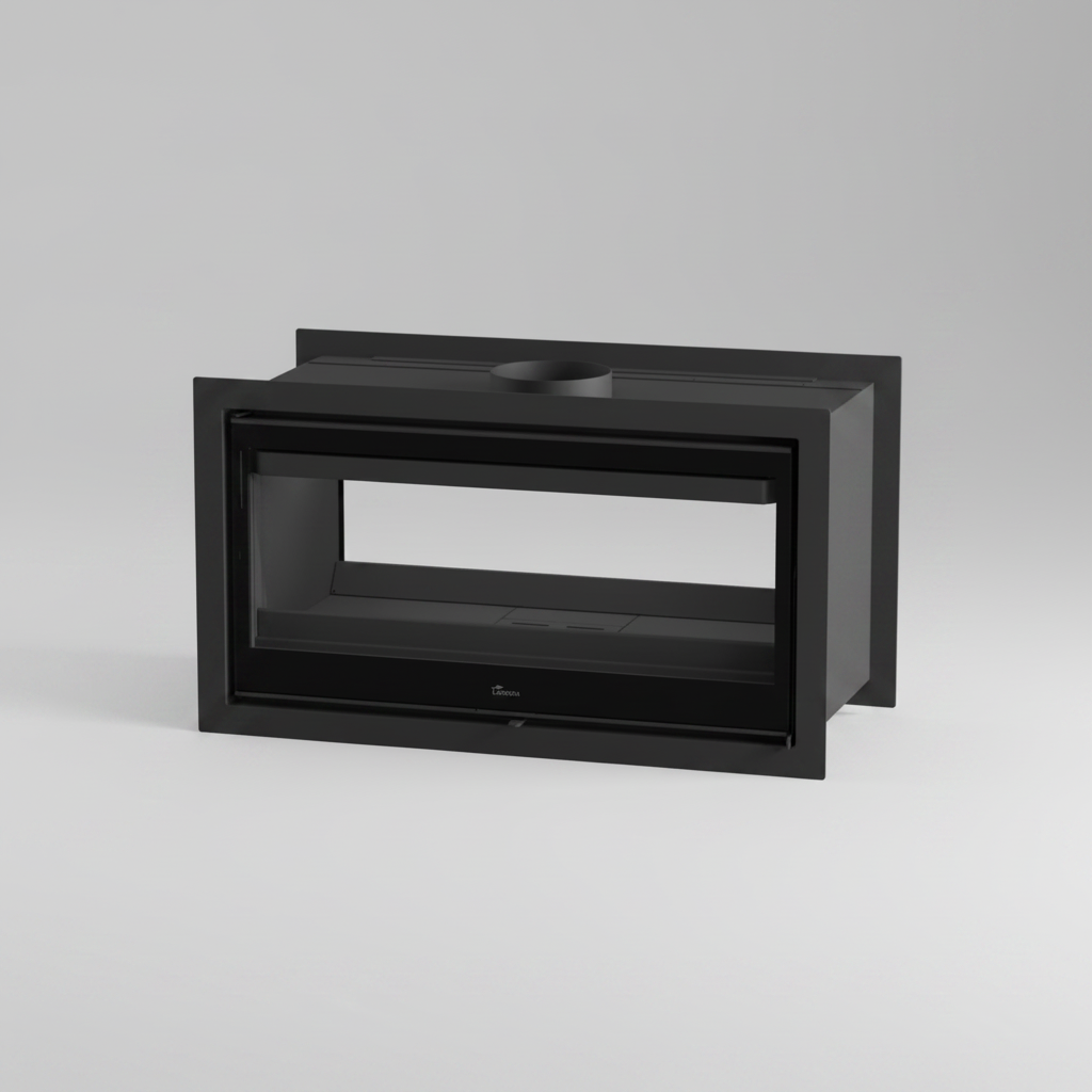 Black rectangular product on a gray background with Lacunza Nickel Double Sided Wood Burning Stove Range for Ireland