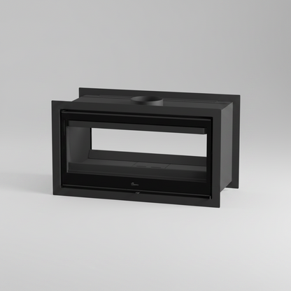 Black rectangular product on a gray background with Lacunza Nickel Double Sided Wood Burning Stove Range for Ireland