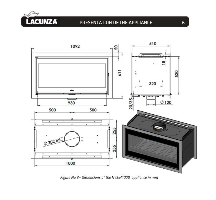 Technical drawing of a Lacunza appliance with dimensions Nickel 1000