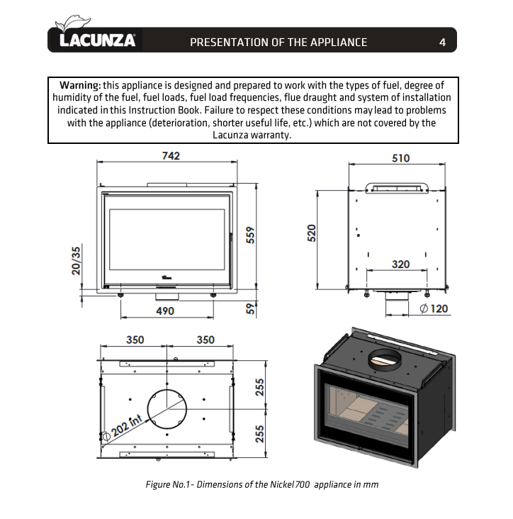 Technical drawing and dimensions of a Lacunza Nickel 700.