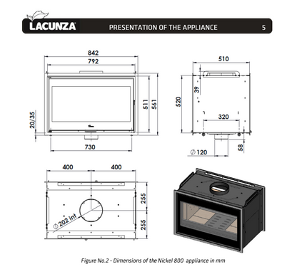 Technical drawing of a Lacunza Nickel 800 wood burner with dimensions on a white background