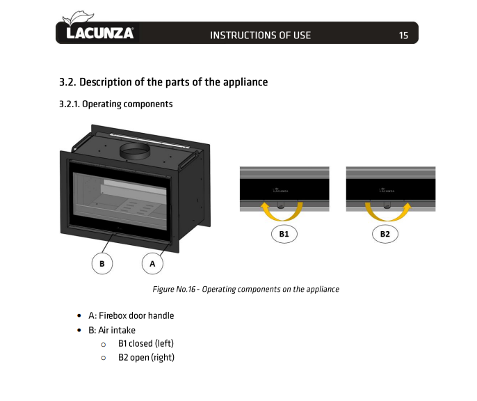 Lacunza appliance instructions with diagrams of operating components on a white background