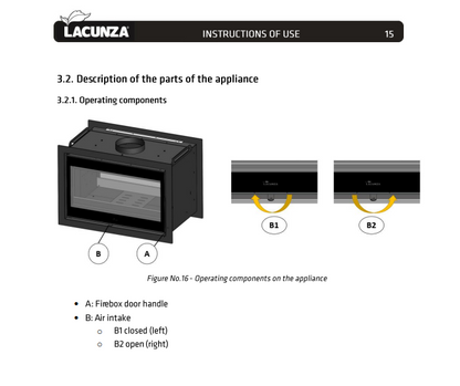 Lacunza appliance instructions with diagrams of operating components on a white background