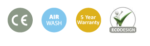 Set of certification logos including CE, Air Wash, 5 Year Warranty, and Ecodesign on a white background.