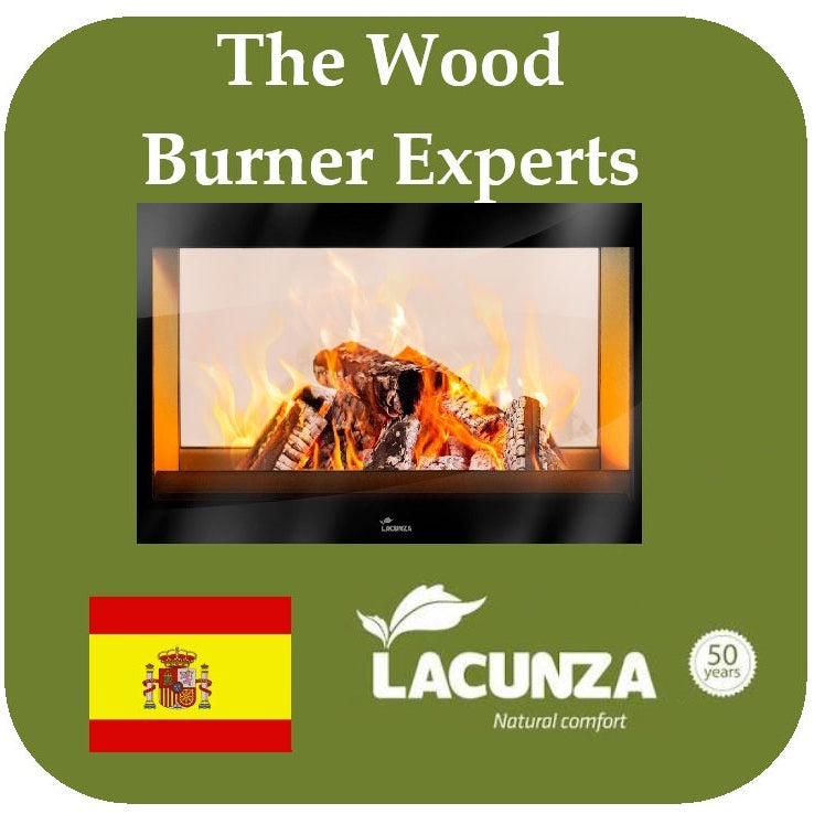Advertisement for Lacunza wood burners with a fireplace image and brand logo on a green background.