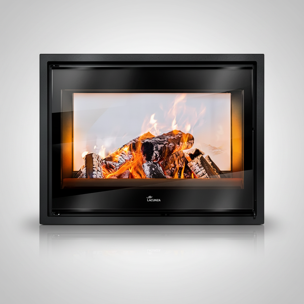 Electric fireplace insert with glowing logs and flames on a gray background with Lacunza Nickel Double Sided Wood Burning Stove Range for Ireland