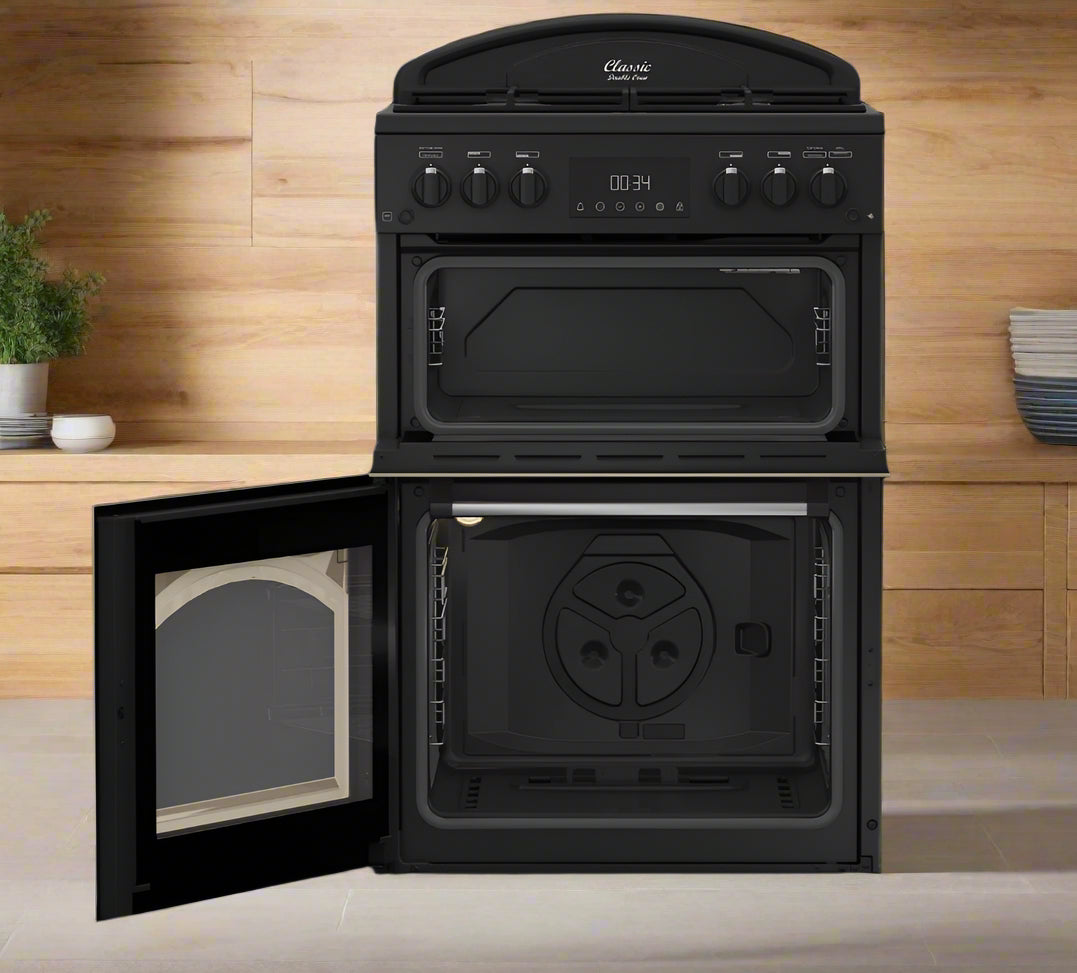 Classic Deluxe CLA60GA-DLX 60cm Gas Double Oven Cooker with Cast Iron Griddle- by Leisure in black in bohemian kitchen setting