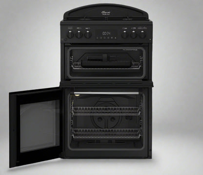 Classic Deluxe CLA60GA-DLX 60cm Gas Double Oven Cooker with Cast Iron Griddle- by Leisure in black