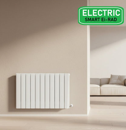 Electric smart radiator on a beige wall with a couch in the background Smart Electric Radiators Heat Design Range the Energy Efficient Electric Heating for Ireland