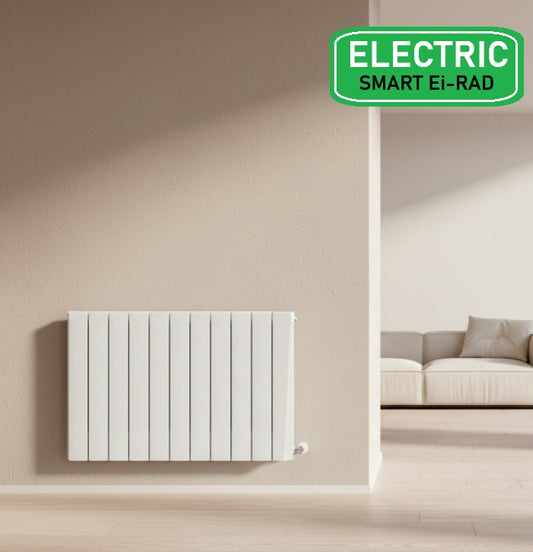Electric smart radiator on a beige wall with a couch in the background Smart Electric Radiators Heat Design Range the Energy Efficient Electric Heating for Ireland