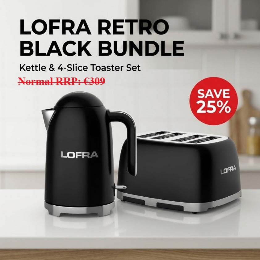 Lofra Black Retro Breakfast Tea & Toast Bundle- Kettle with 4 Slice Toaster