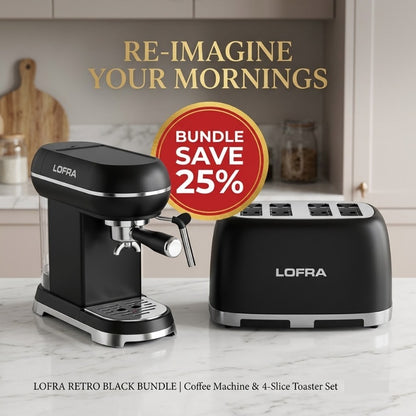 Lofra Breakfast Set with Retro Black Espresso Coffee Machine & 4-Slice Toaster