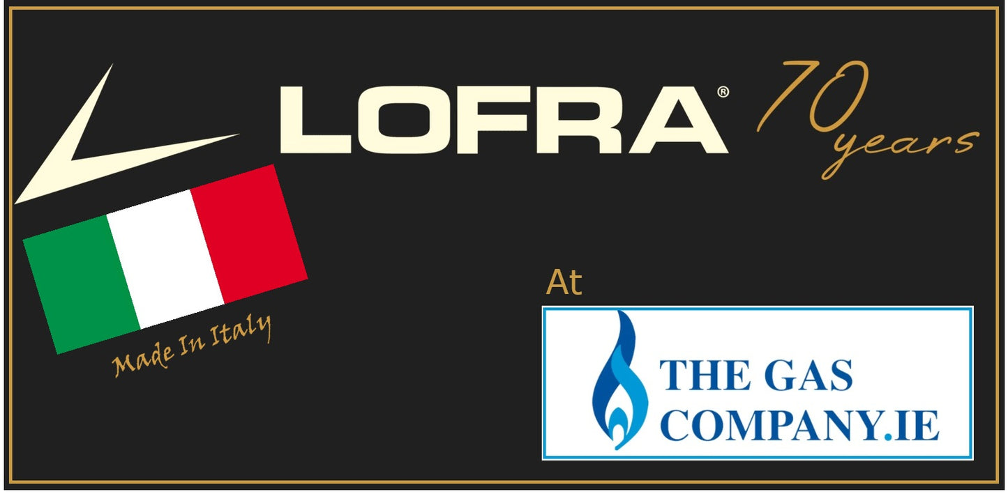 A promotional graphic with a black background, gold border, the Lofra logo and '70 years' text, an Italian flag labeled 'Made in Italy,' and a 'At' badge for The Gas Company.IE.