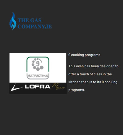 Graphic for a Lofra multifunctional oven by The Gas Company.IE, featuring the Lofra logo, a white square with a green and gray 9-program icon, and text stating '9 cooking programs' on a dark charcoal background.