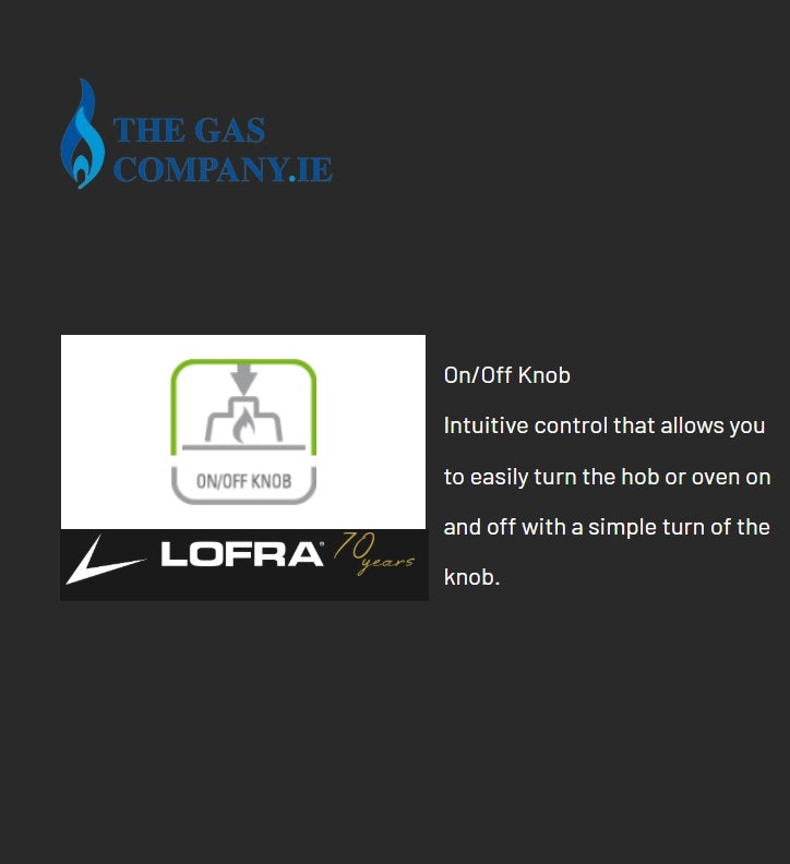 Graphic for a Lofra On/Off Knob, featuring the Lofra brand logo, a blue flame icon for The Gas Company.IE, and a white graphic demonstrating the intuitive on/off control of the knob against a dark gray background.