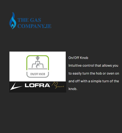 Graphic for a Lofra On/Off Knob, featuring the Lofra brand logo, a blue flame icon for The Gas Company.IE, and a white graphic demonstrating the intuitive on/off control of the knob against a dark gray background.