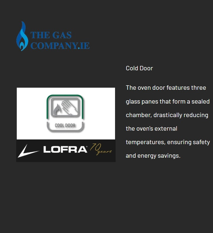 Graphic for a Lofra 'Cold Door' oven safety feature. It features the Lofra logo, a graphic of three glass panes forming a sealed chamber, and descriptive text explaining how the feature reduces oven external temperatures.