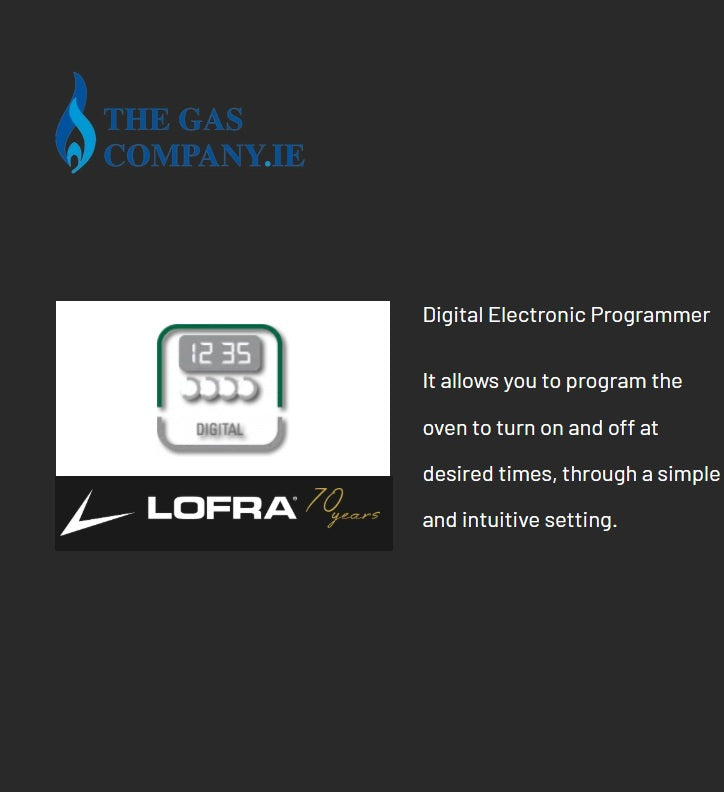 Graphic for a digital electronic oven programmer. It shows a small digital display device with the time 12:35, along with the Lofra logo and text describing its use for programming oven timing.