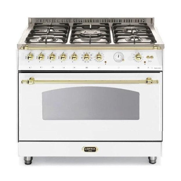 A white LOFRA 36" Singola freestanding gas range stove with gold-tone knobs and handles, featuring five burners on top and an oven with a glass door below.