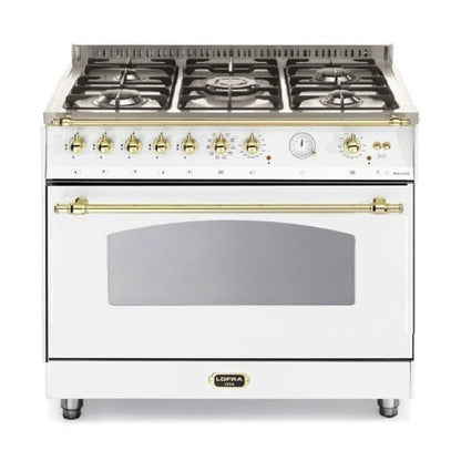 A white LOFRA 36" Singola freestanding gas range stove with gold-tone knobs and handles, featuring five burners on top and an oven with a glass door below.