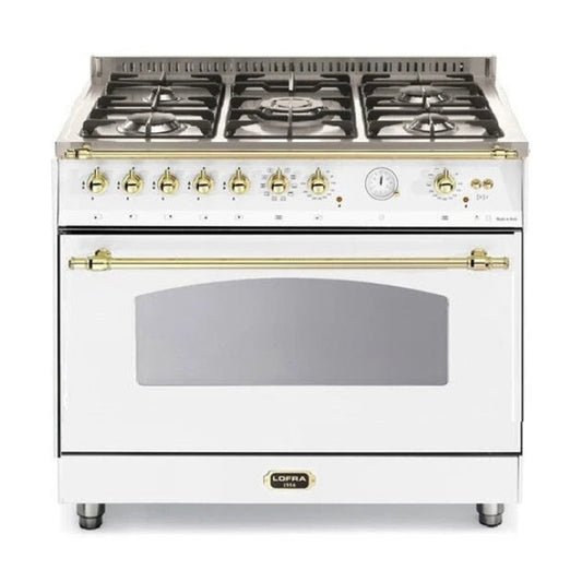 A white LOFRA 36" Singola freestanding gas range stove with gold-tone knobs and handles, featuring five burners on top and an oven with a glass door below.