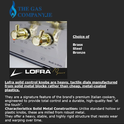 A promotional graphic for Lofra solid metal control knobs, showing a close-up of brass and bronze knobs on a white stovetop. The graphic includes text stating 'Choice of Brass Steel Bronze' and descriptive copy about Lofra's solid metal construction, on a dark gray background with 'THE GAS COMPANY.