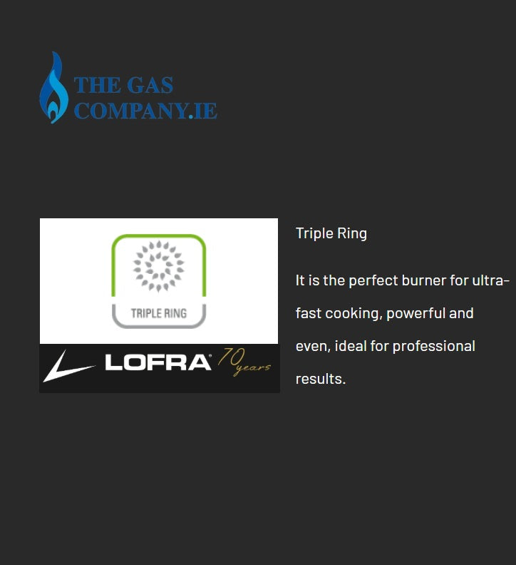 Graphic for a Lofra Triple Ring gas burner, featuring the blue 'The Gas Company.IE' logo at the top, a white 'Triple Ring' emblem in the center, and the black Lofra logo at the bottom, alongside descriptive text on a dark gray background.