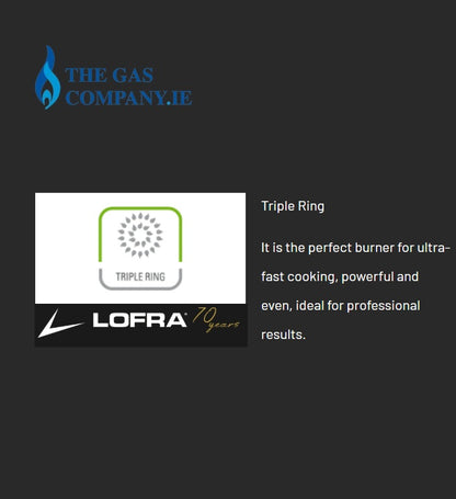 Graphic for a Lofra Triple Ring gas burner, featuring the blue 'The Gas Company.IE' logo at the top, a white 'Triple Ring' emblem in the center, and the black Lofra logo at the bottom, alongside descriptive text on a dark gray background.