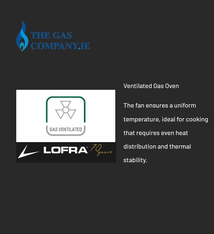 Graphic for a Lofra ventilated gas oven on a dark gray background, featuring the Lofra logo, a 'Gas Ventilated' icon, and descriptive text about even temperature and thermal stability.