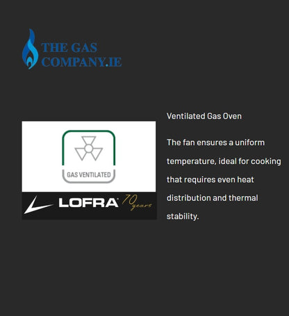 Graphic for a Lofra ventilated gas oven on a dark gray background, featuring the Lofra logo, a 'Gas Ventilated' icon, and descriptive text about even temperature and thermal stability.
