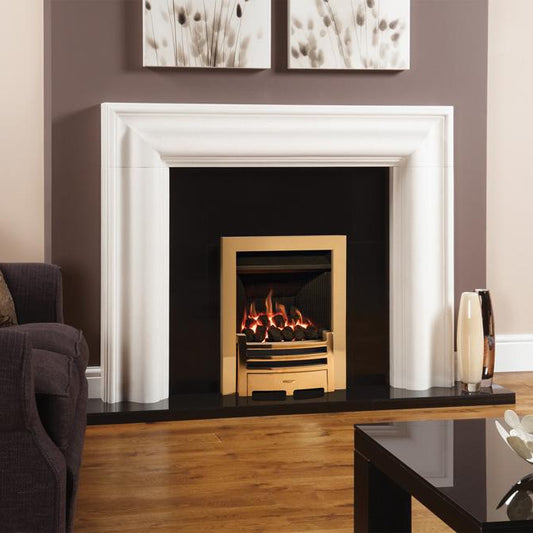 Living room with a fireplace and a couch Logic He Brass