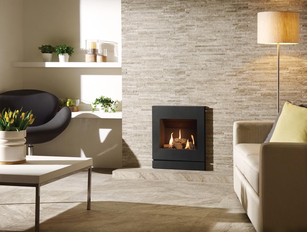 Modern living room with a stone wall and a fireplace wit Logic He Designio Graphite