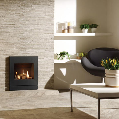 Modern living room with a stone wall and a fireplace with Logic He Designio2 Graphite Frame