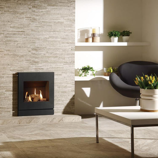 Modern living room with a stone wall and a fireplace with Logic HE Log Effect Gas Fire