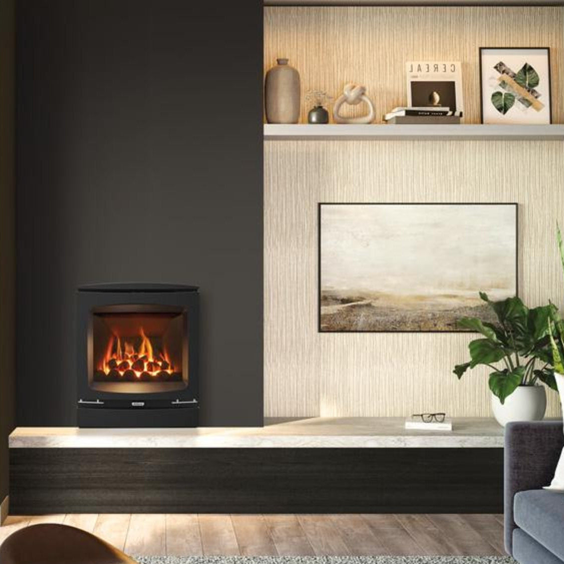 Modern living room with a fireplace, artwork, and decor.